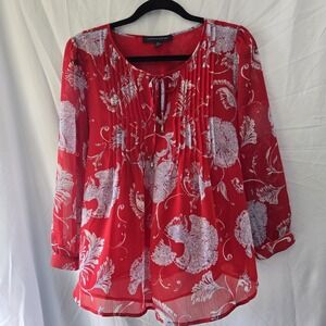 Tommy Hilfiger Pintuck Red Popover Floral Blouse Small Peasant Loose Flowy Femme